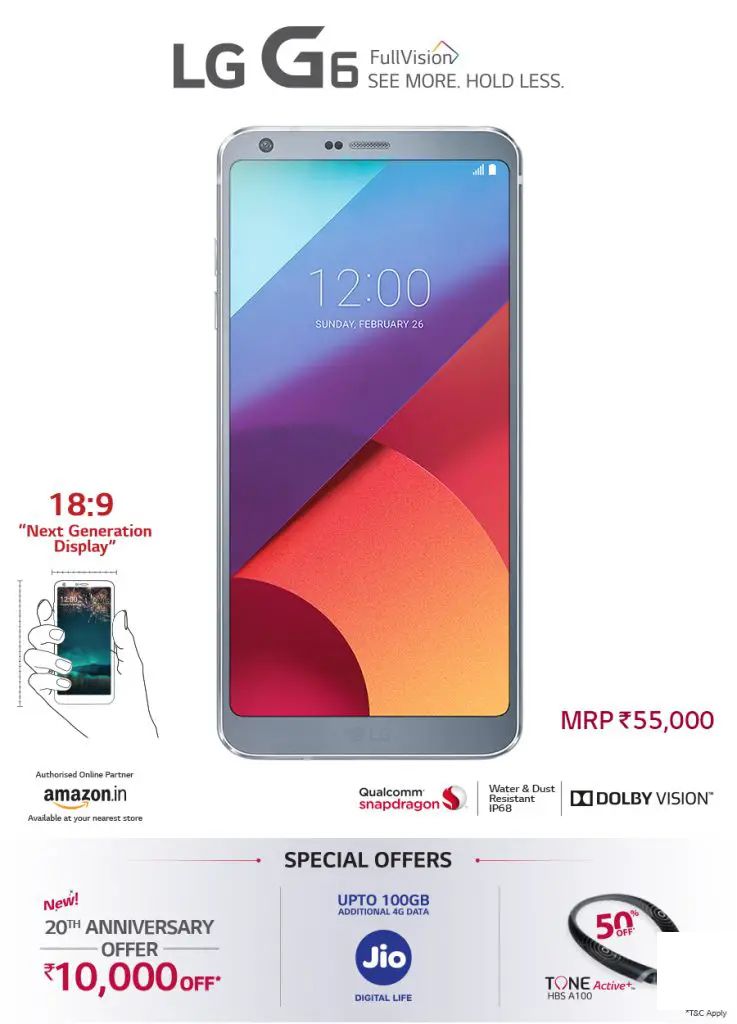 LG G6在印度限时限额内获得10,000卢比的折扣