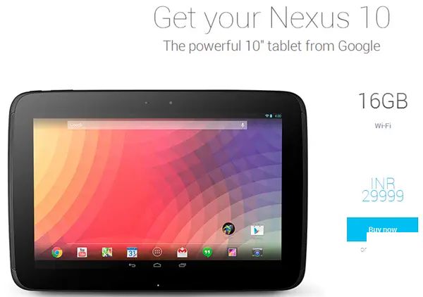 谷歌Nexus 10 16 GB，一年后售价为29,999卢比